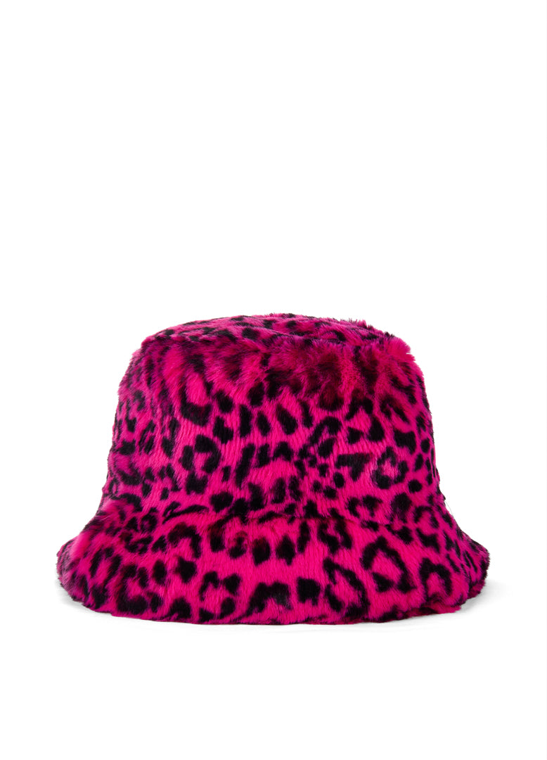Good Fluff Faux Fur Long Fluffy Bucket Hat - Pink Leopard