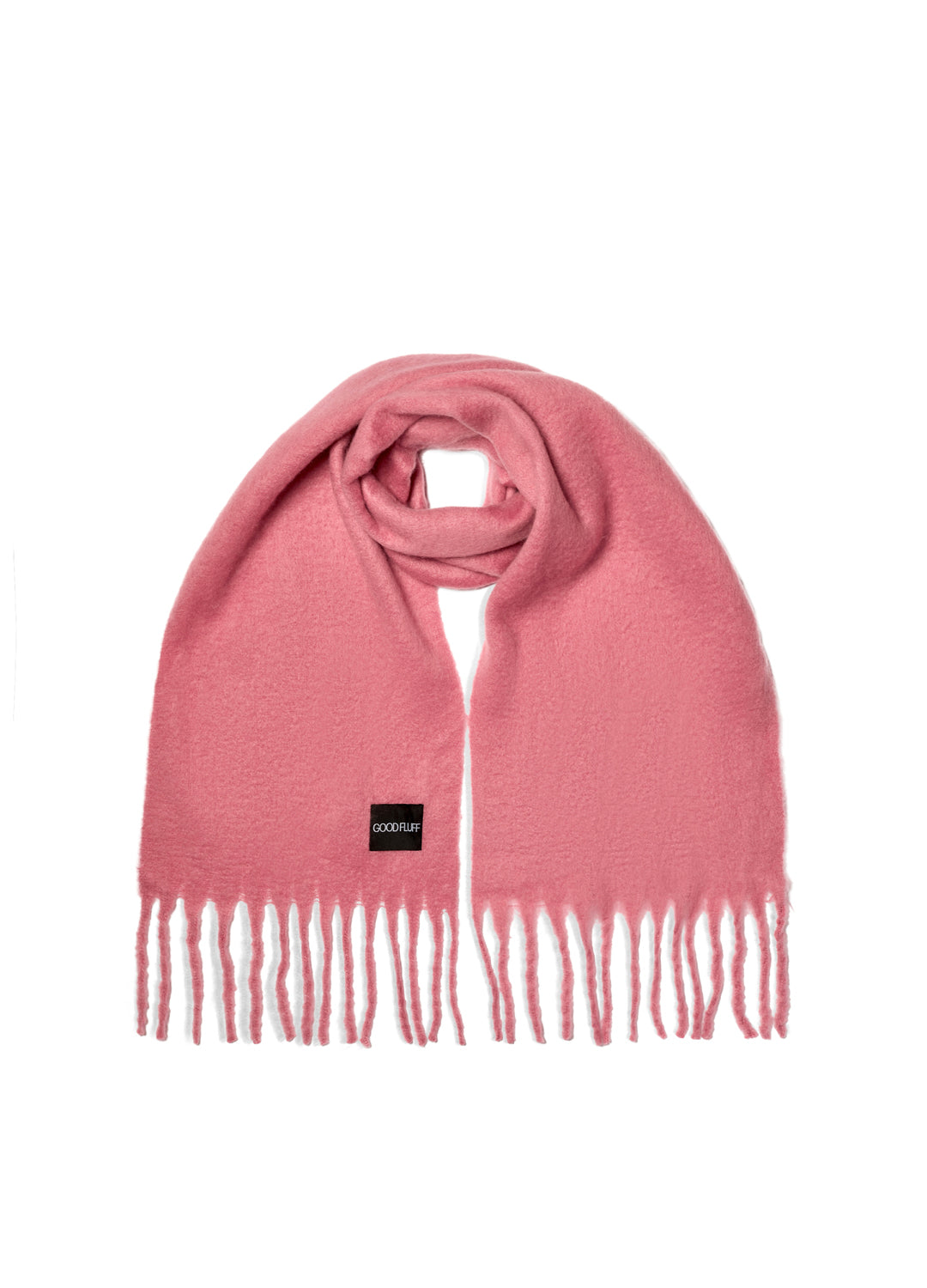 Pink scarf with a brand label on a white background