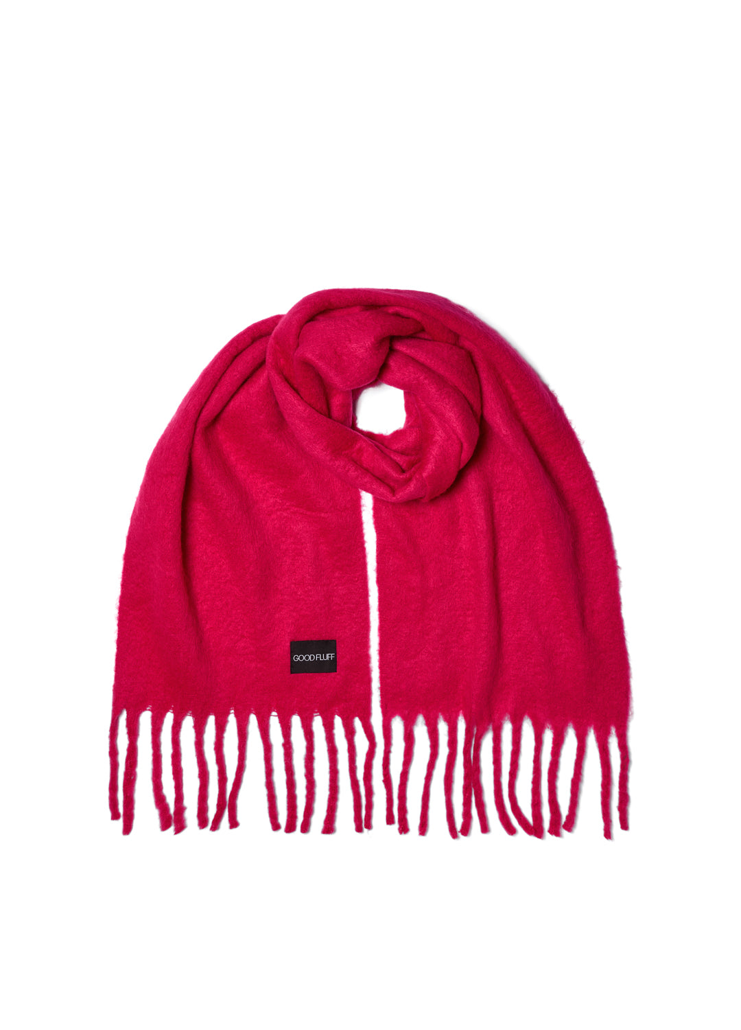 Fuchsia pink scarf with fringes on a white background