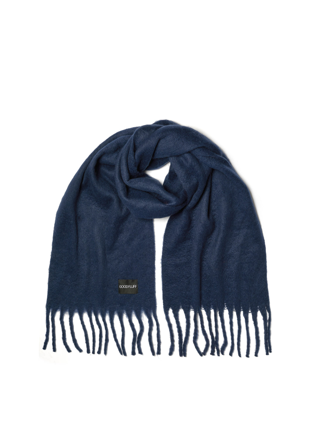 Ink blue scarf with fringes on a white background