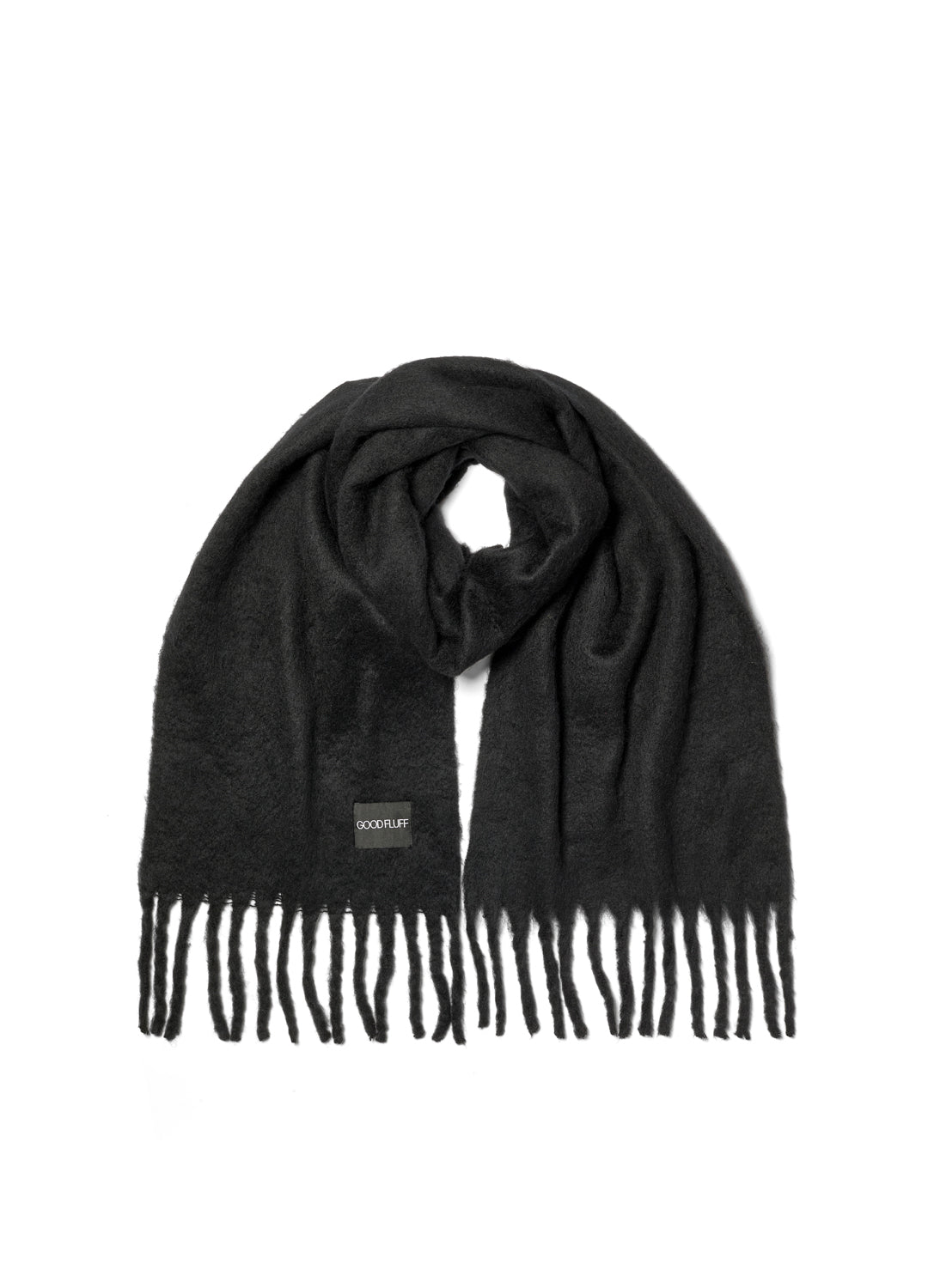 Black scarf with fringed ends on a white background