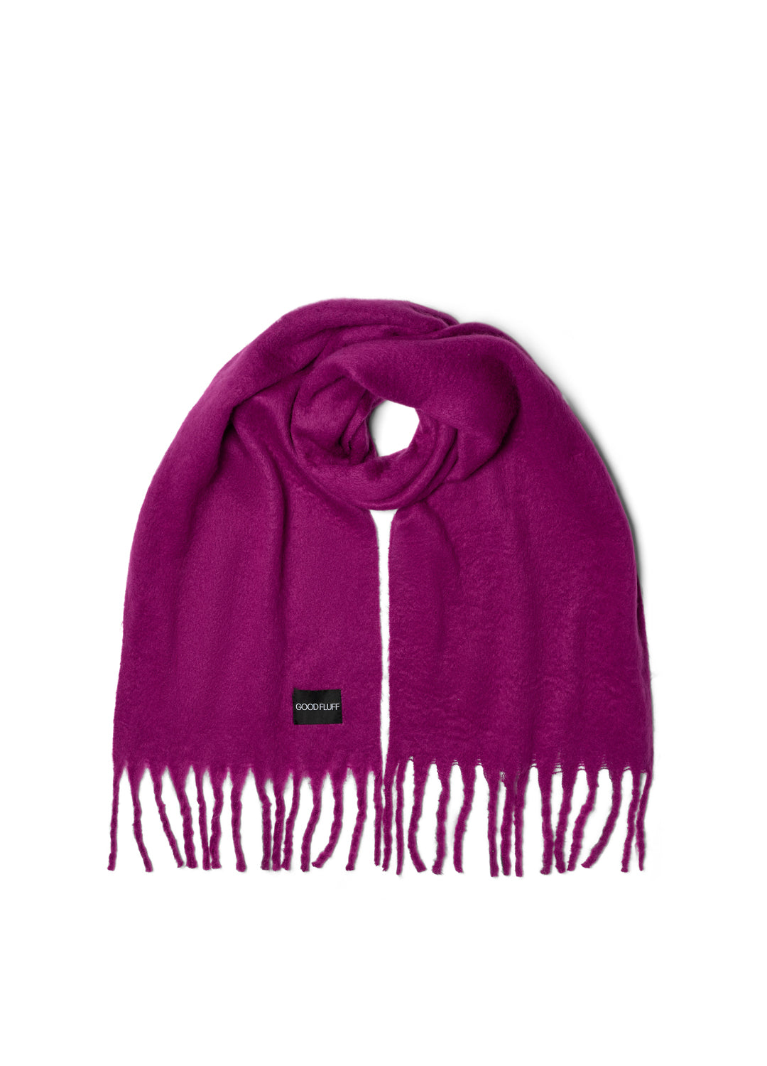 Purple scarf with a brand label on a white background