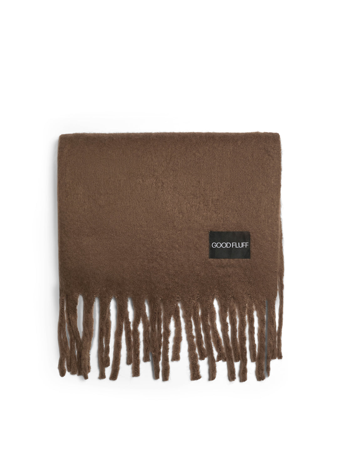 Mocha brown scarf with fringes and a brand label on a white background