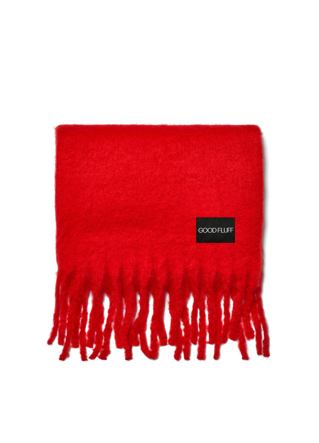 Postbox bright red scarf with fringes and 'Good Fluff' label on a white background