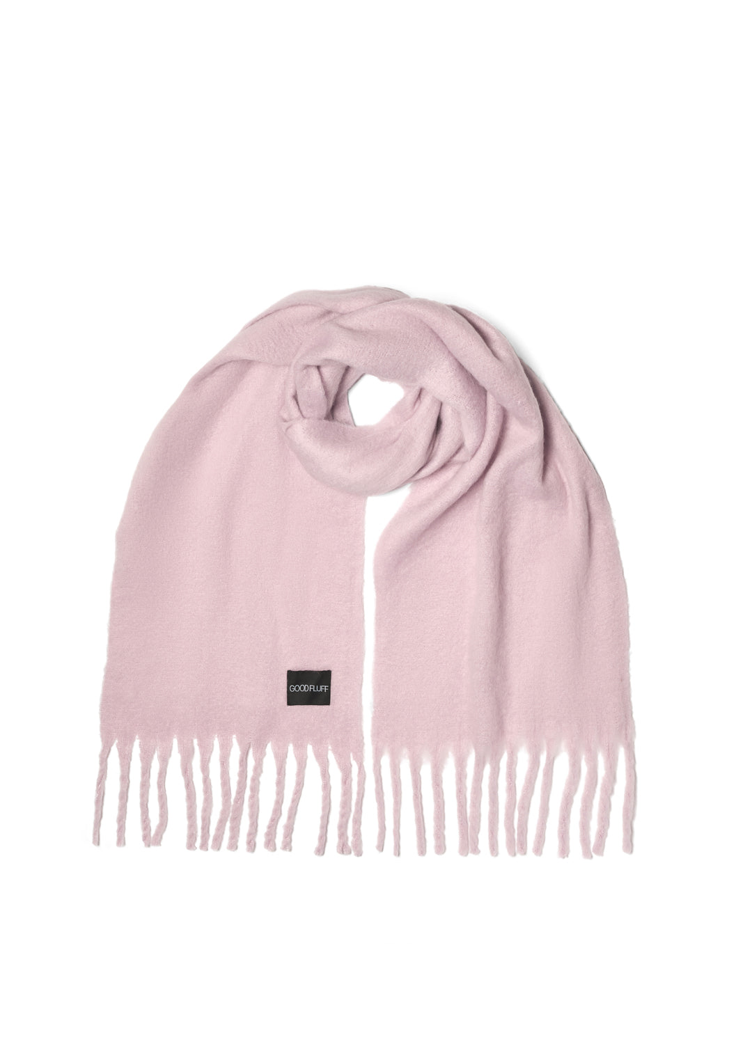 Light pink scarf with a brand label on a white background