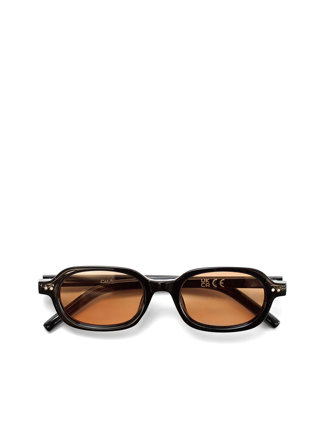 Sunglasses with black frame and orange-tinted lenses on a white background