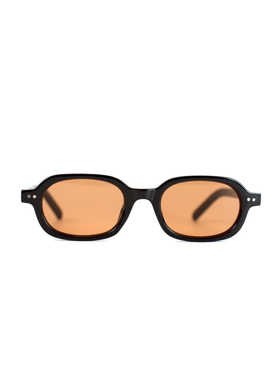 Sunglasses with black frame and orange-tinted lenses on a white background