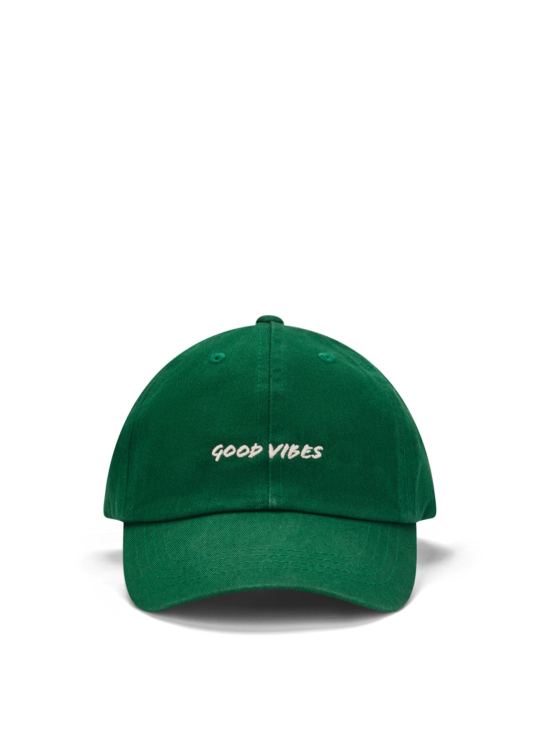 Green cap with 'Good Vibes' text on a white background