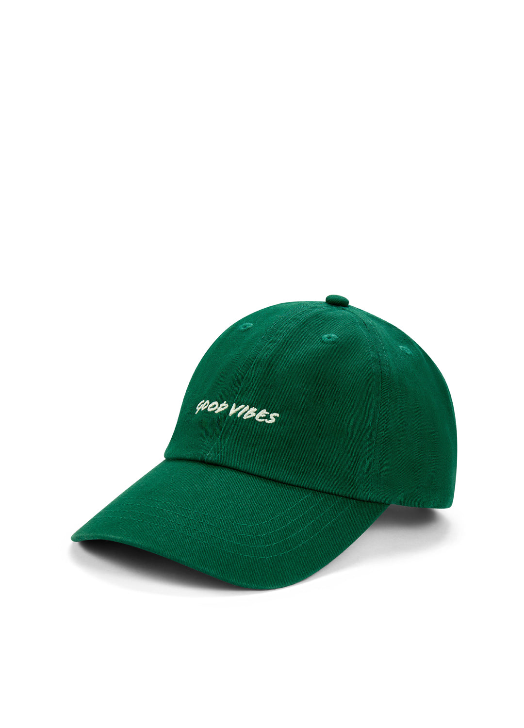 Green cap with 'Good Vibes' text on a white background