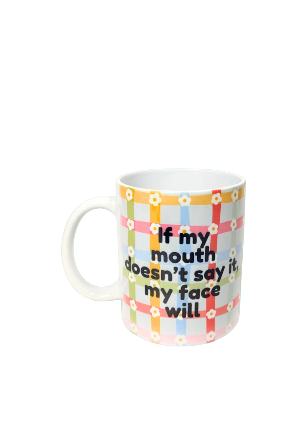 Mug with colorful pattern and text on a white background