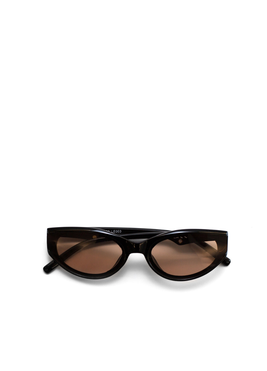 Black cat-eye sunglasses with brown lenses on a white background