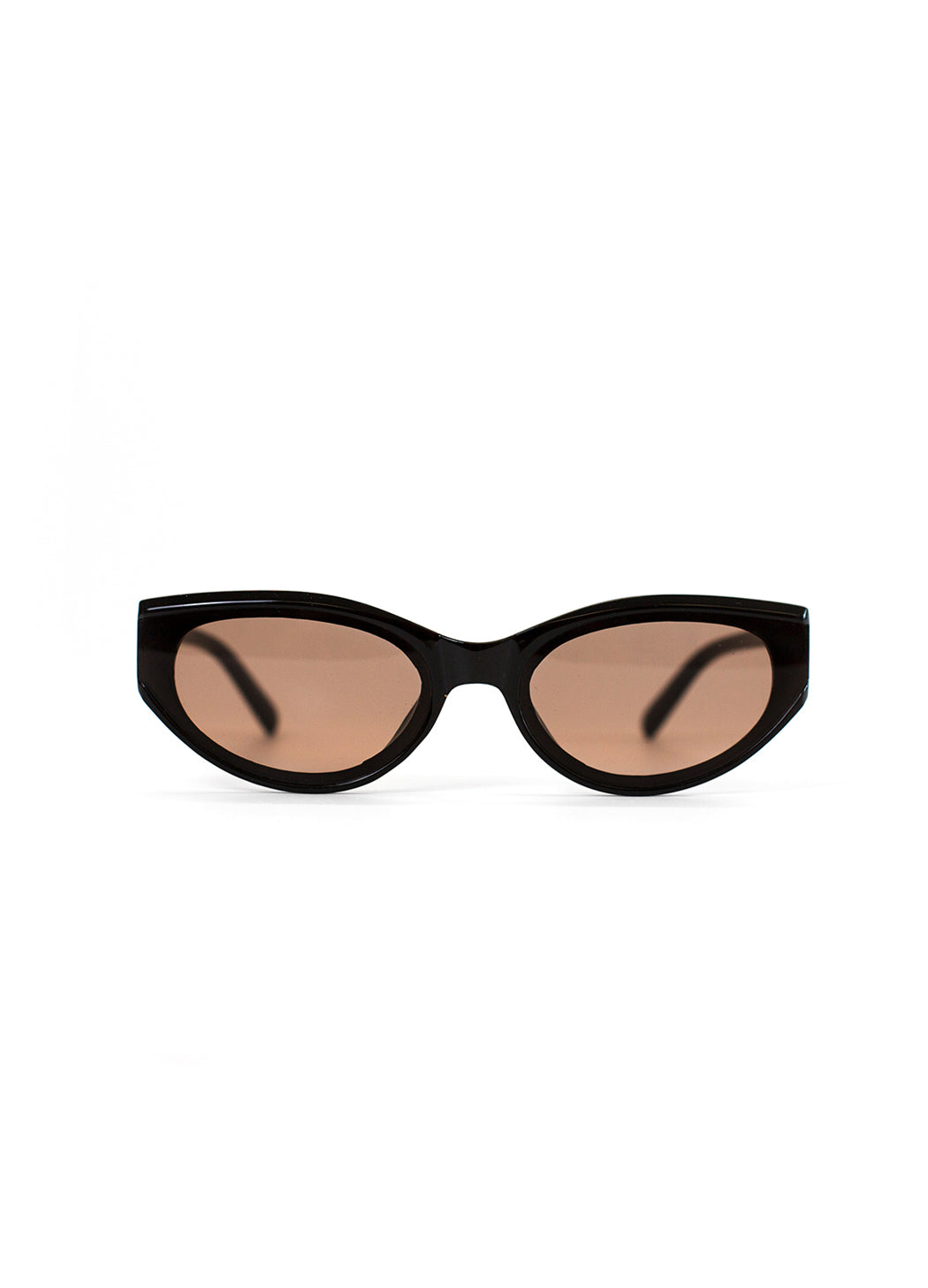 Black cat-eye sunglasses with brown lenses on a white background