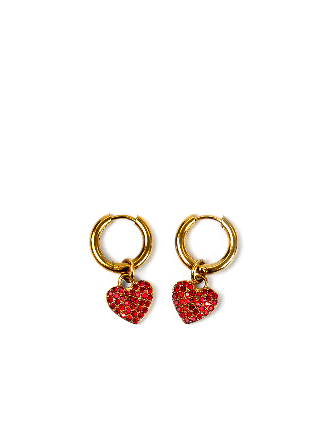 A pair of gold hoop earrings with dangling red rhinestone-encrusted heart charms, displayed on a clean white background.