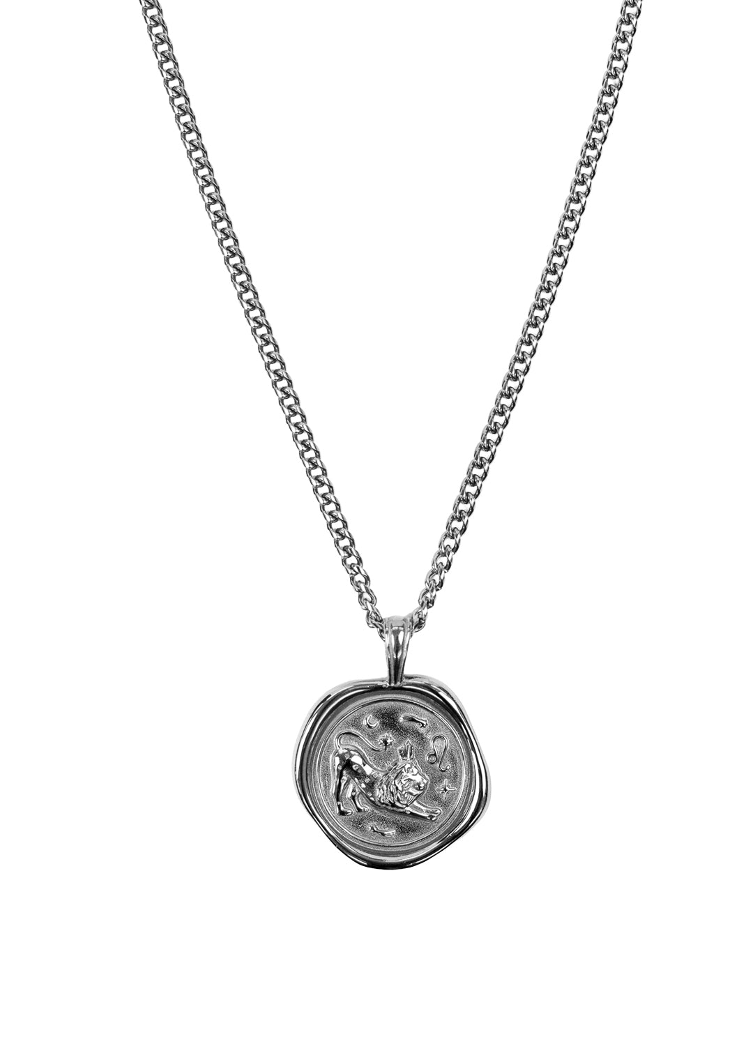 A silver-toned chain necklace with a round, textured pendant featuring a Leo zodiac motif shown against a plain white background.