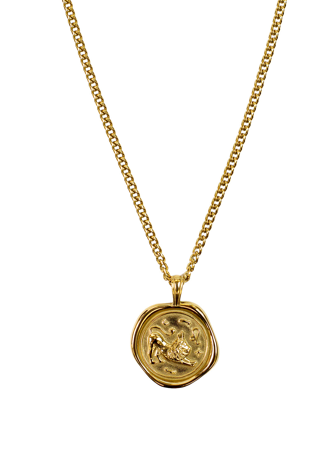 A gold chain necklace featuring a round, textured wax-seal style pendant with a Lion Leo Zodiac design, shown against a plain white background.
