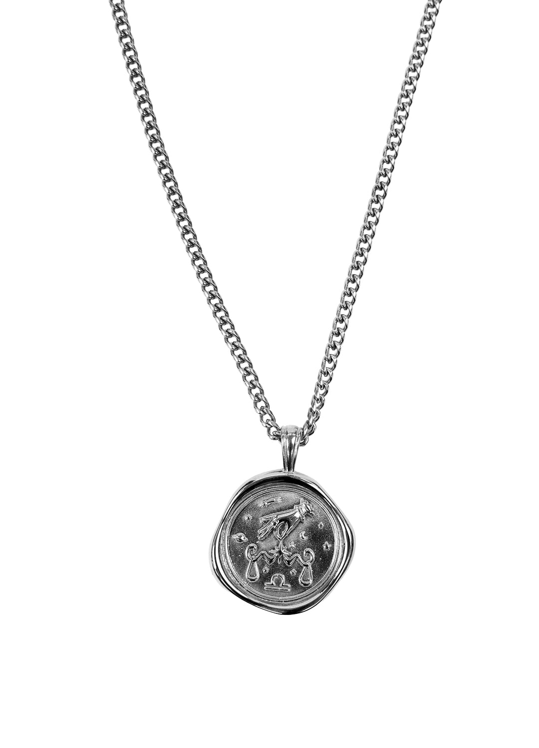 A silver chain necklace with a round, textured silver pendant featuring the Libra Zodiac astrological design, shown against a plain white background.