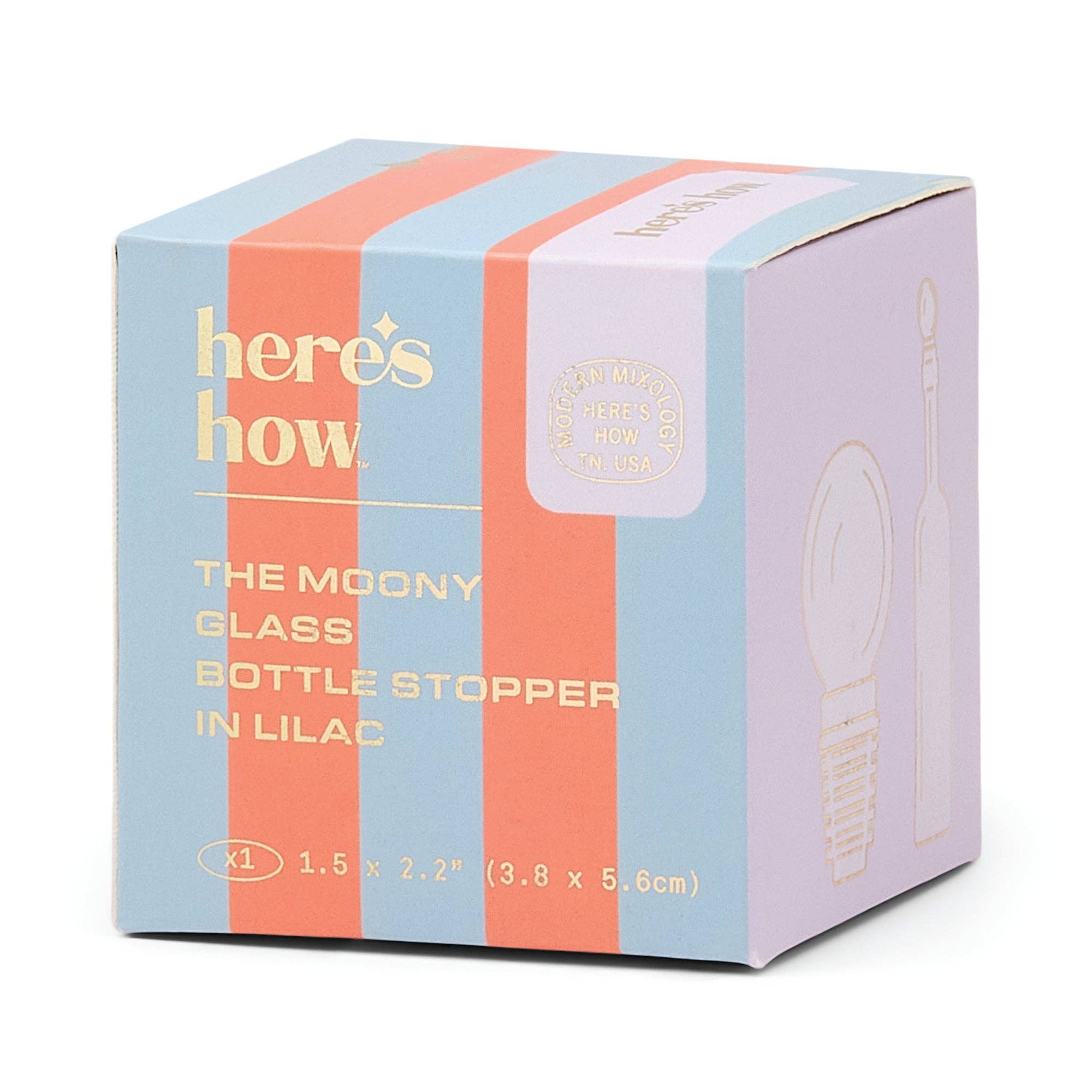 Box packaging of a glass bottle stopper with 'here's how' branding on a white background