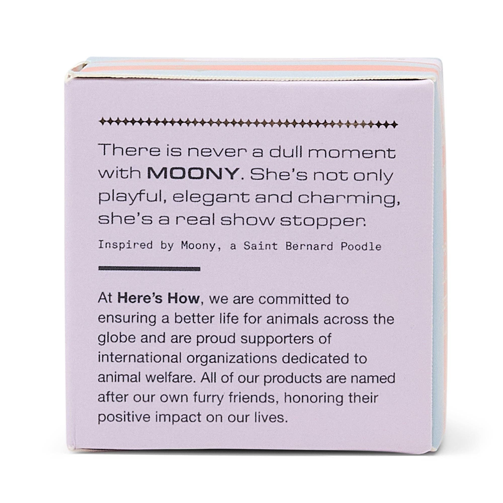 Product packaging with text about Moony brand and their commitment to animal welfare.