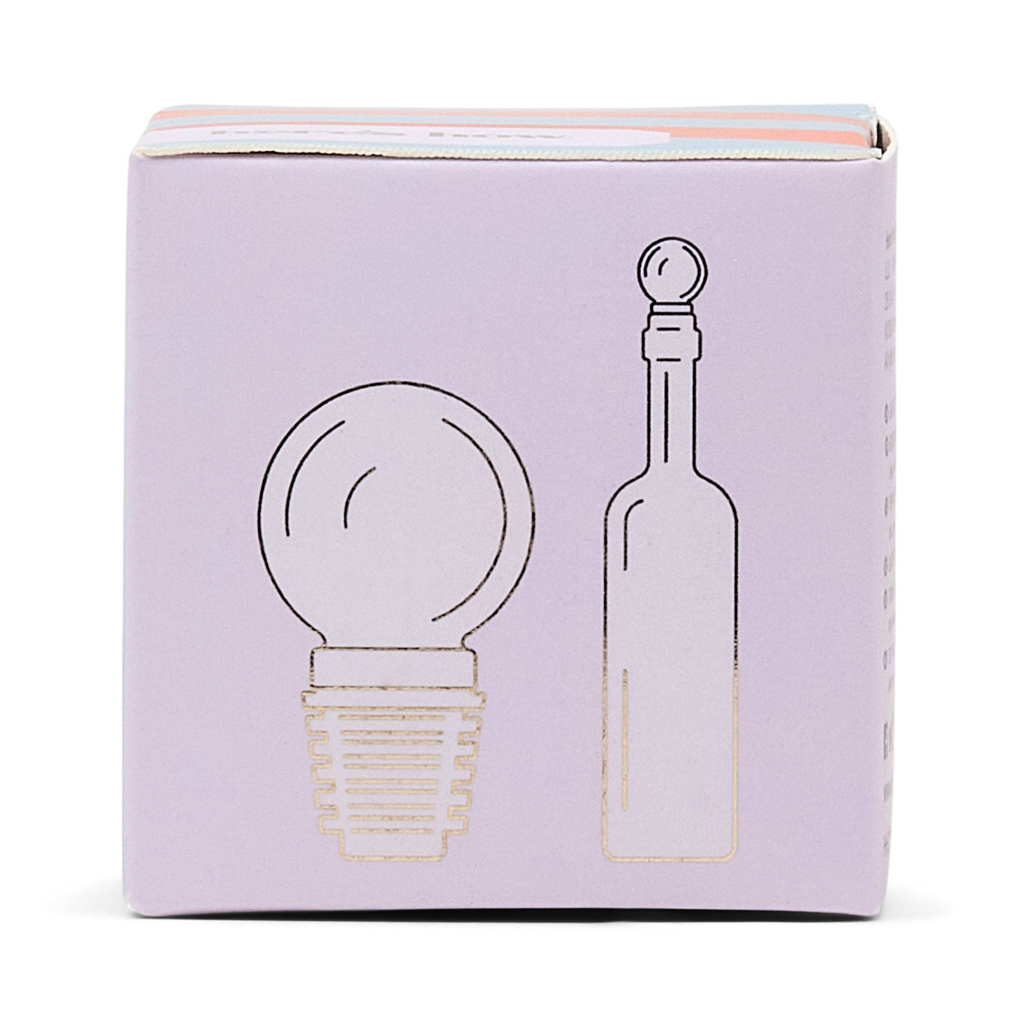 Product packaging with illustrations of the bottle stopper and bottle on a light purple background