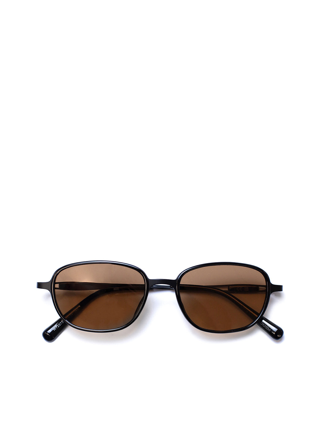 Sunglasses with brown lenses and black frame on a white background
