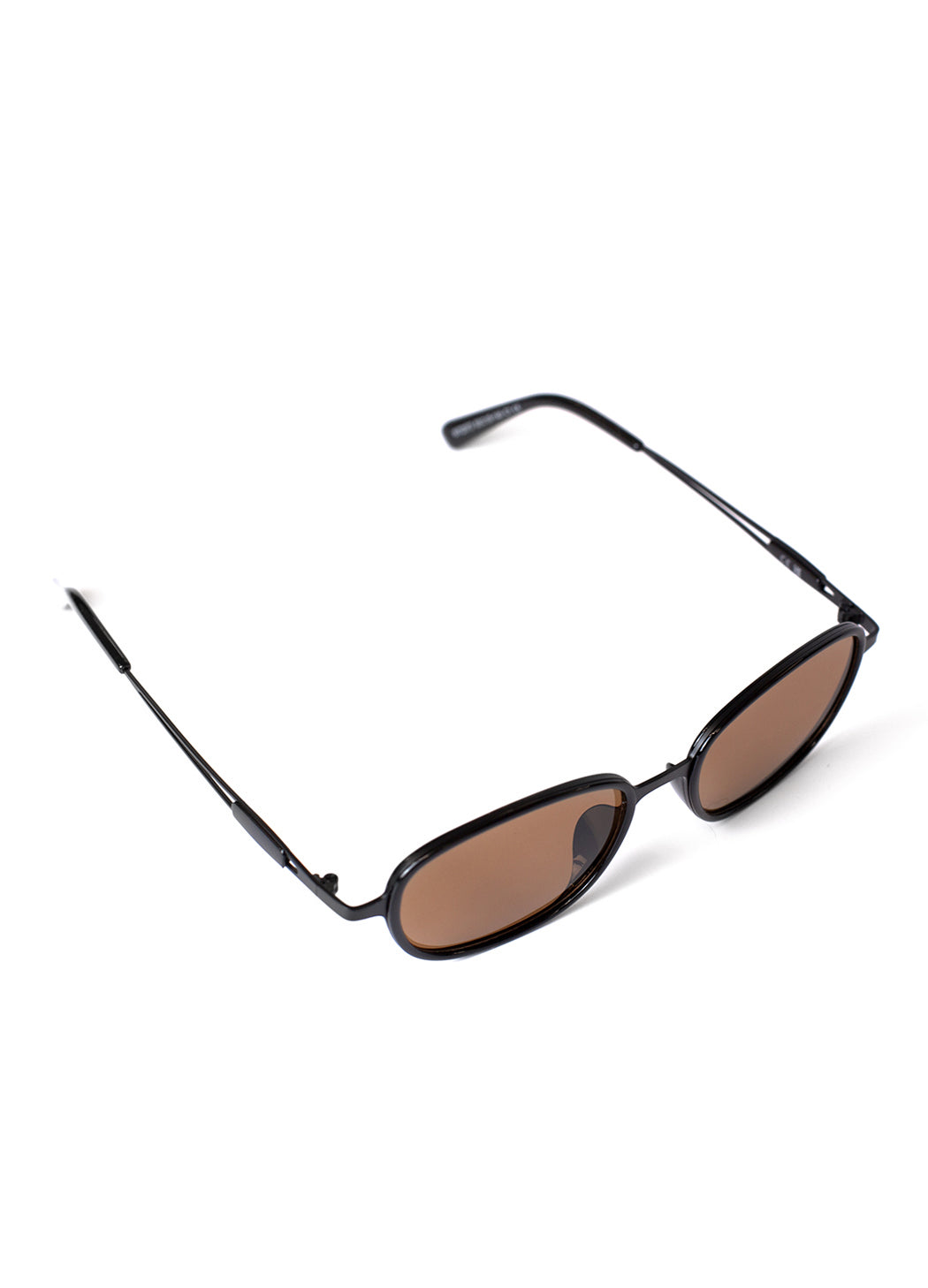 Sunglasses with black frame and brown lenses on a white background