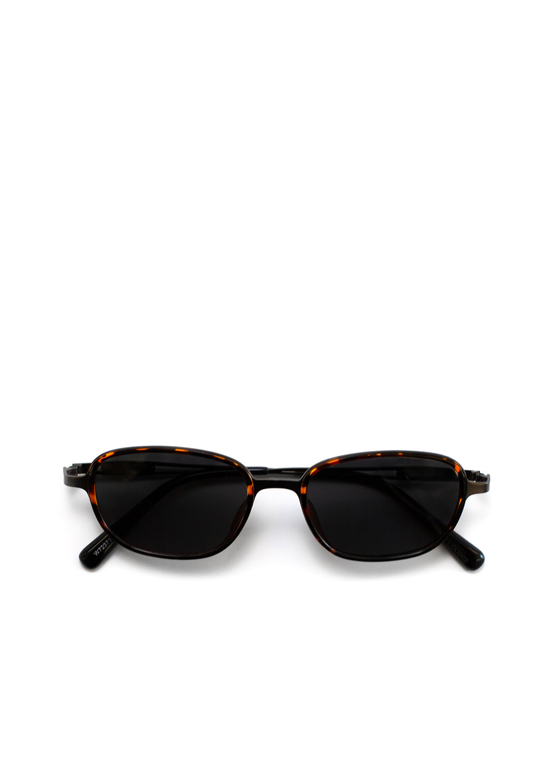 Sunglasses with tortoiseshell frame and dark lenses on a white background