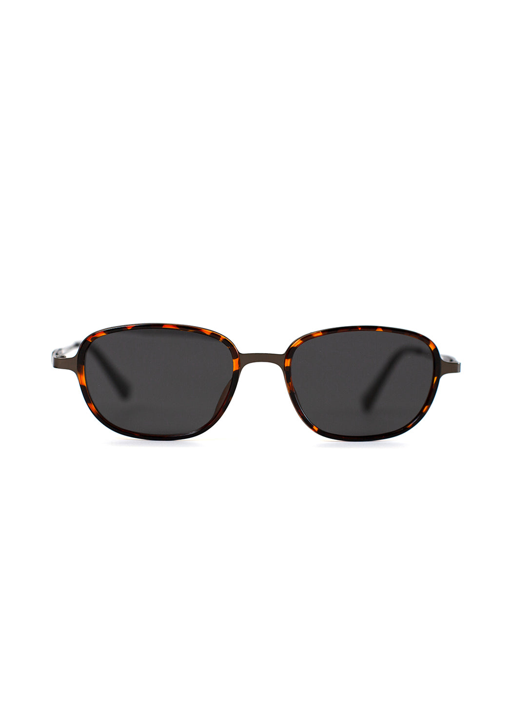Sunglasses with tortoiseshell frame and dark lenses on a white background