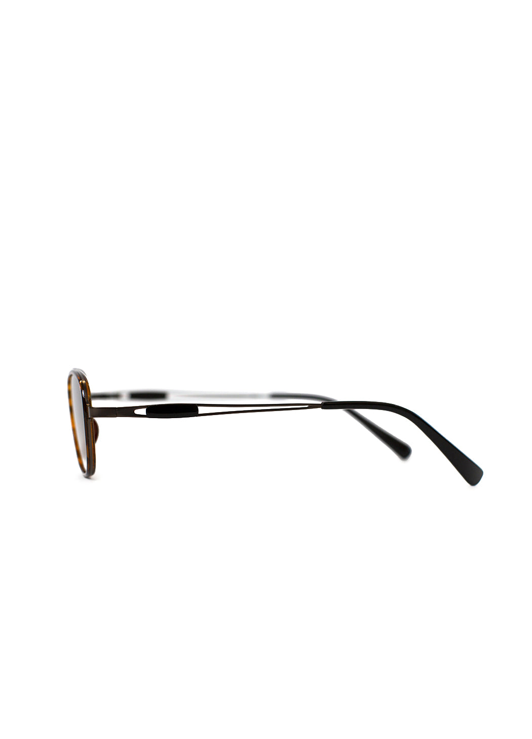 Sunglasses with tortoiseshell frame and dark lenses on a white background