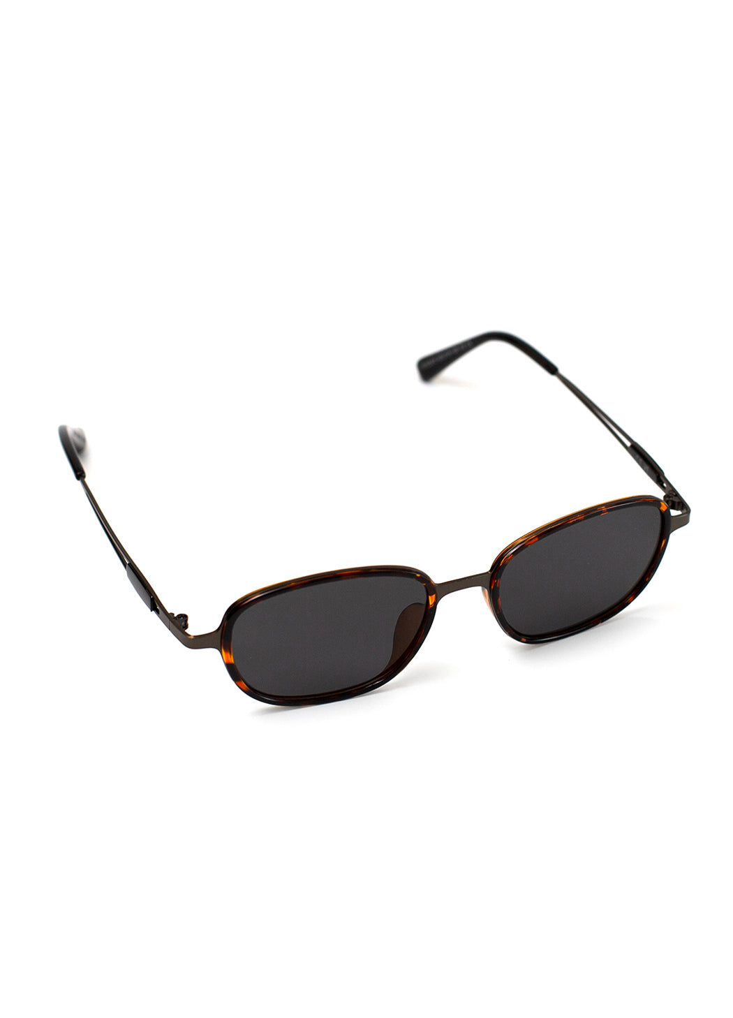 Sunglasses with tortoiseshell frame and dark lenses on a white background