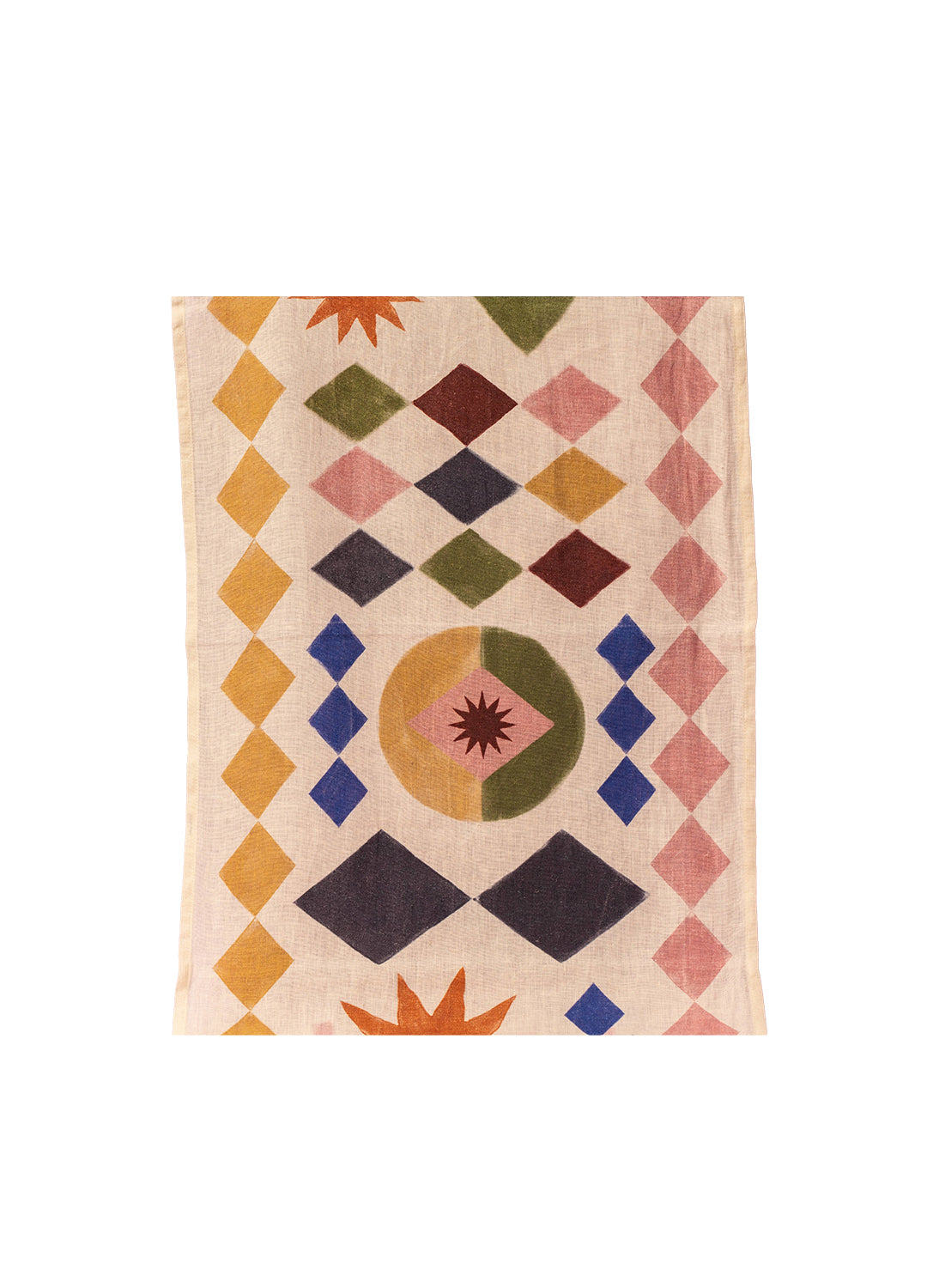 Decorative table runner with geometric pattern on a white background