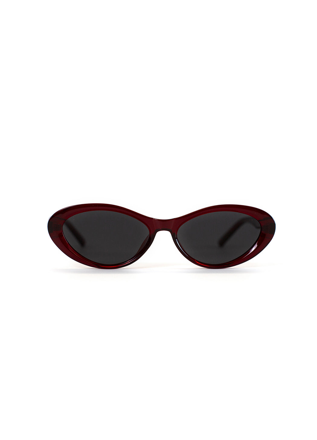 red sunglasses with dark lenses on a white background