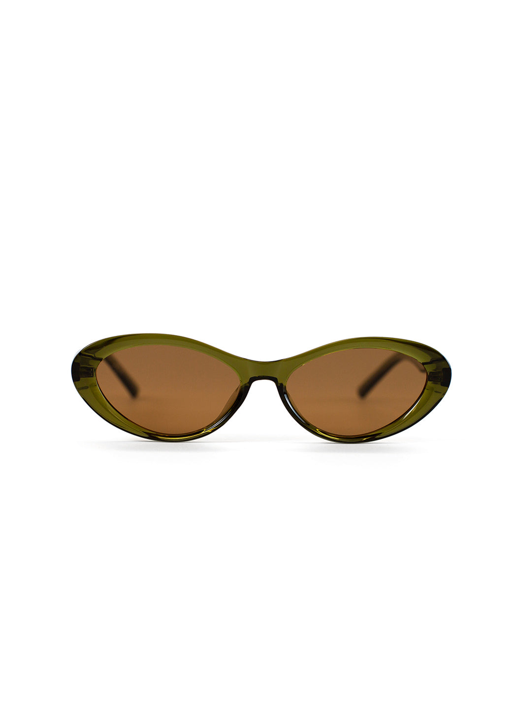 Green sunglasses with brown lenses on a white background
