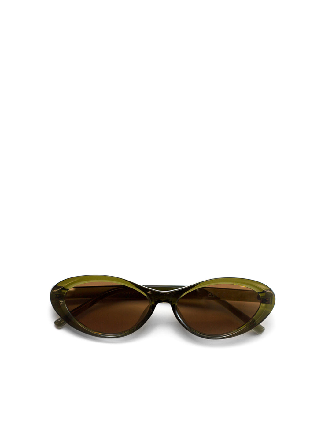 Sunglasses with a green frame and brown lenses on a white background