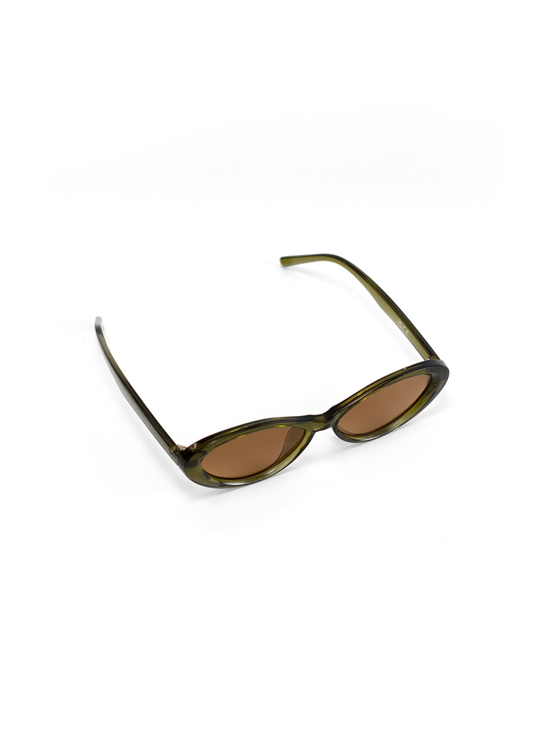 Sunglasses with green frame and brown lenses on a white background