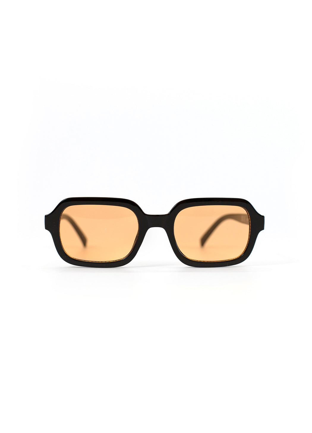 Black sunglasses with orange lenses on a white background