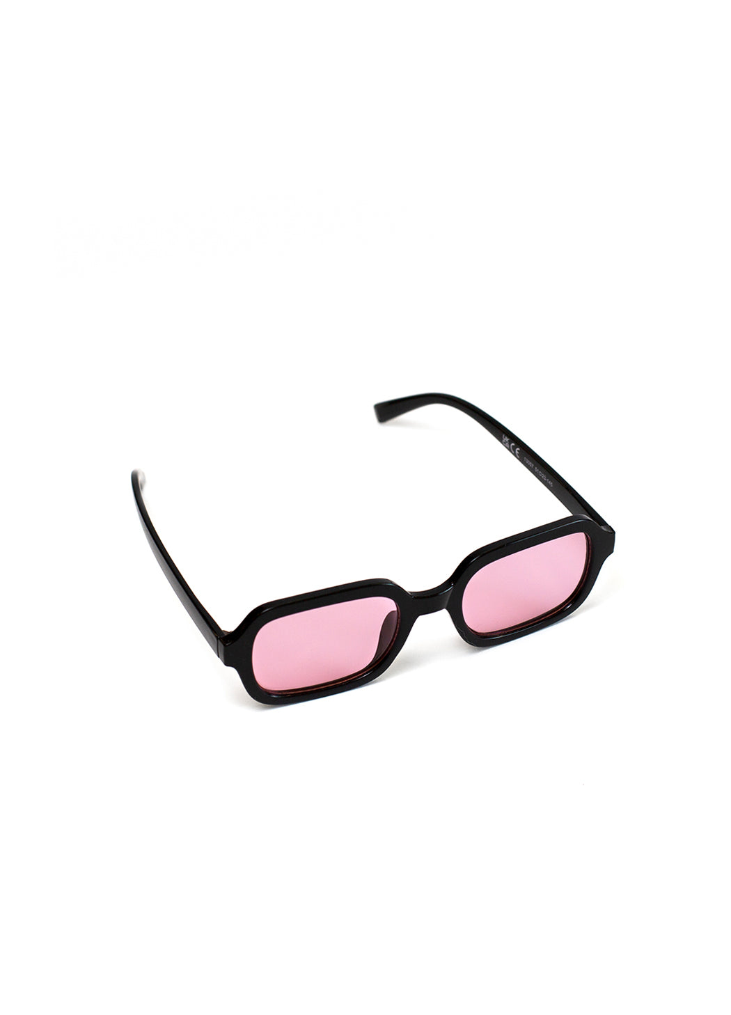 Sunglasses with black frames and pink lenses on a white background