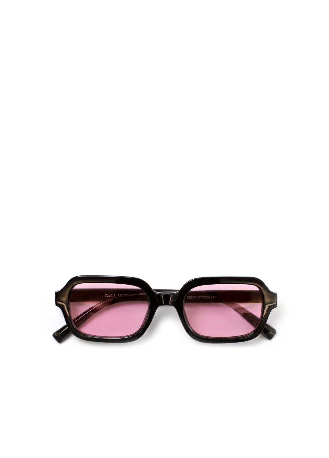 Sunglasses with pink lenses and black frames on a white background