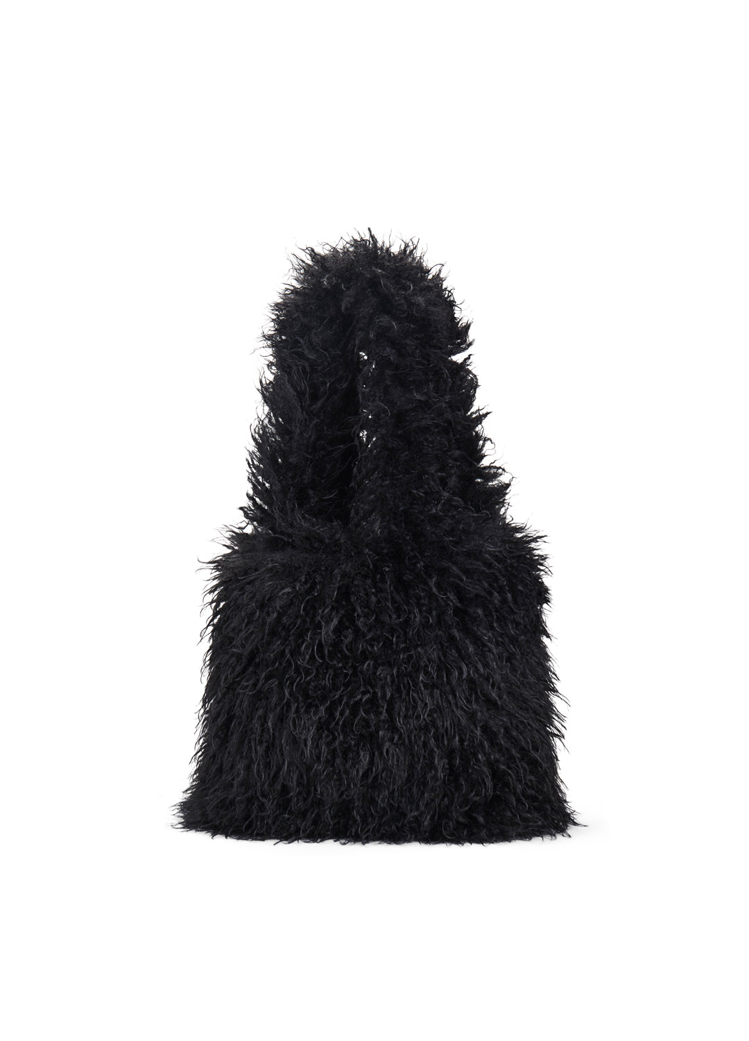 Black fluffy faux fur bag on a white background
