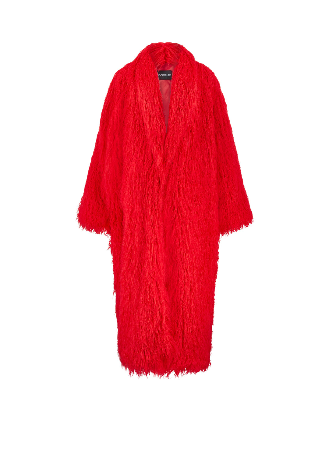 Red faux fur longline coat on a white background