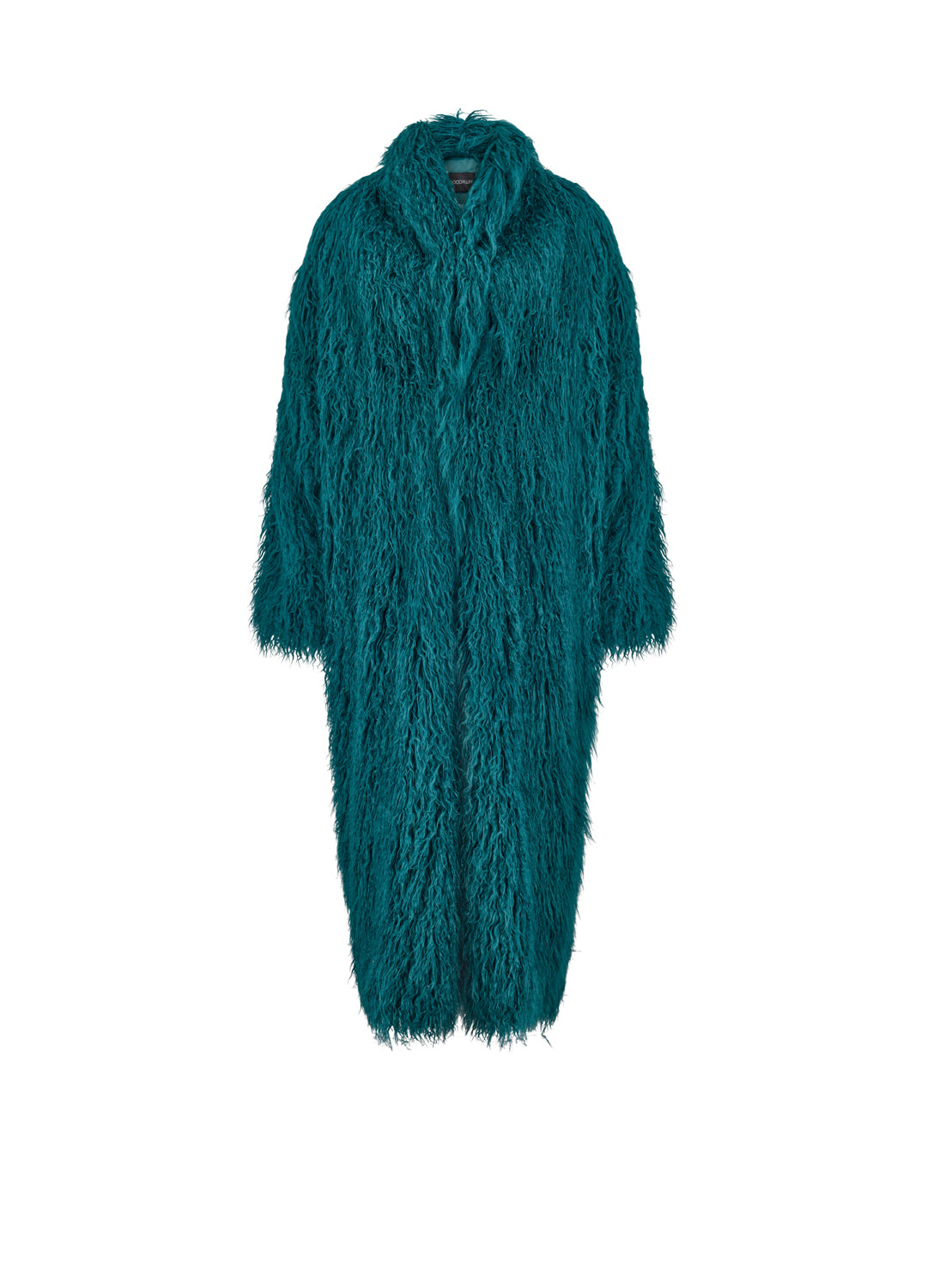 Teal shaggy coat on a white background