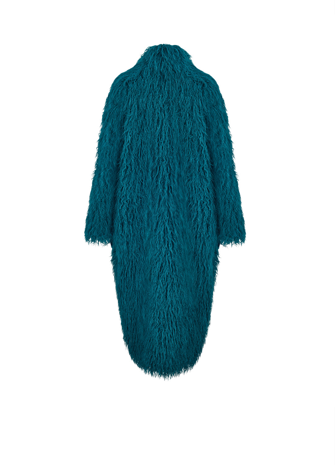 Teal shaggy coat on a white background