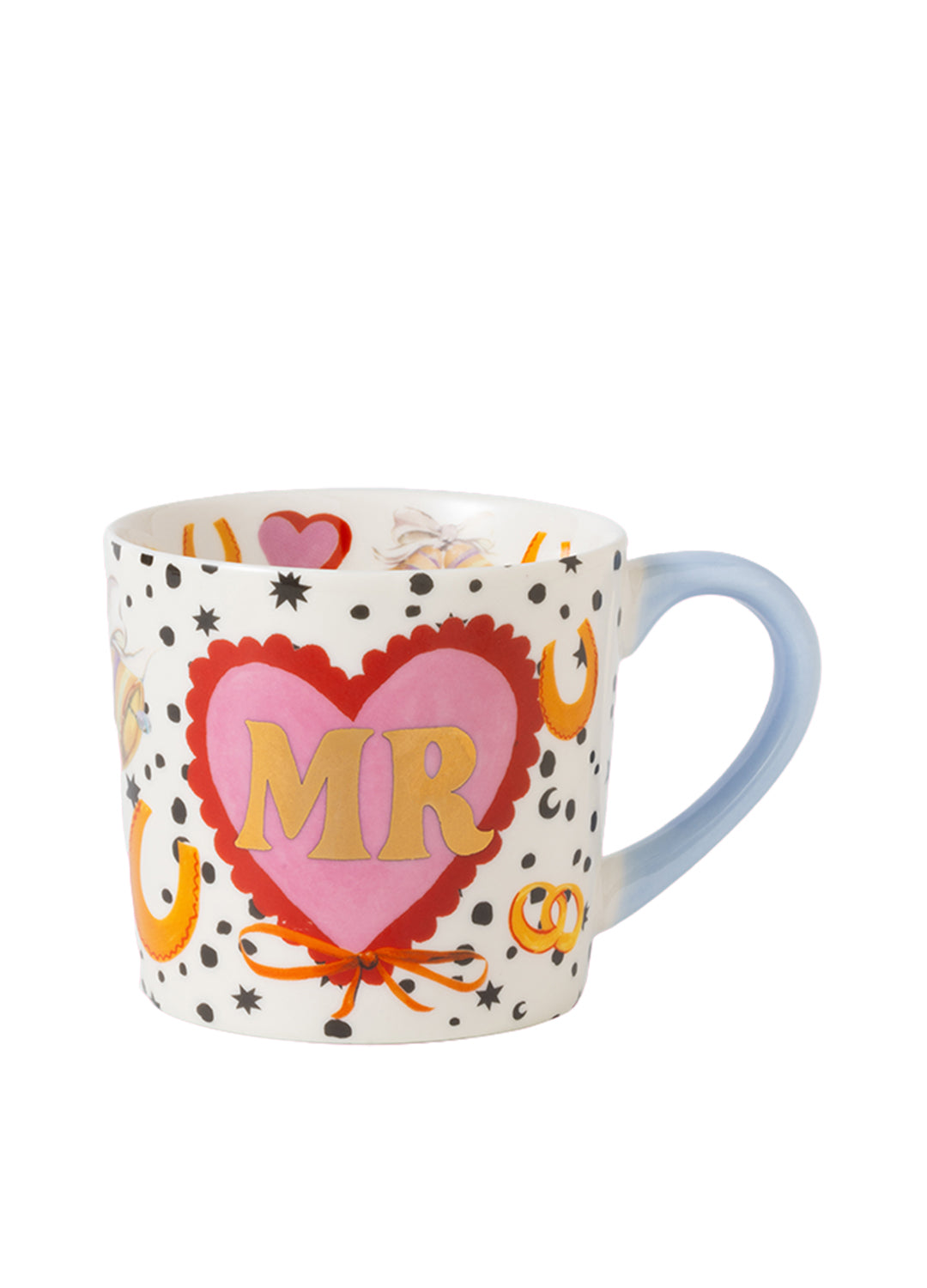 Mug with heart design and 'MR' text on a white background