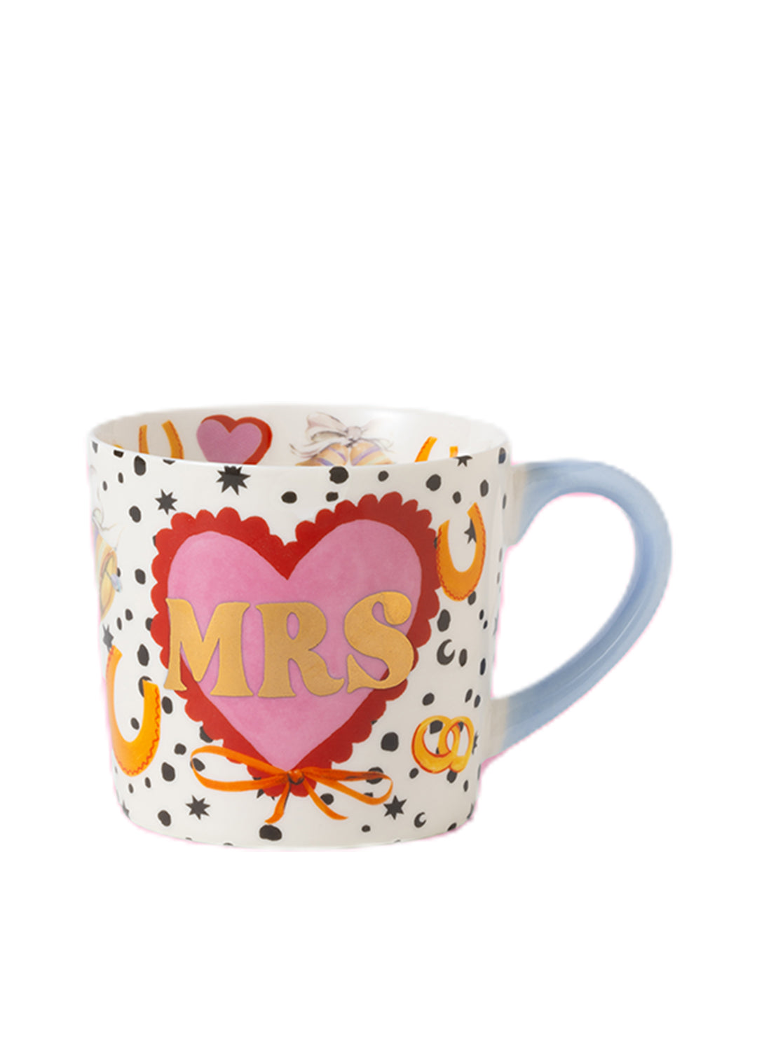 Mug with heart design and 'MRS' text on a white background