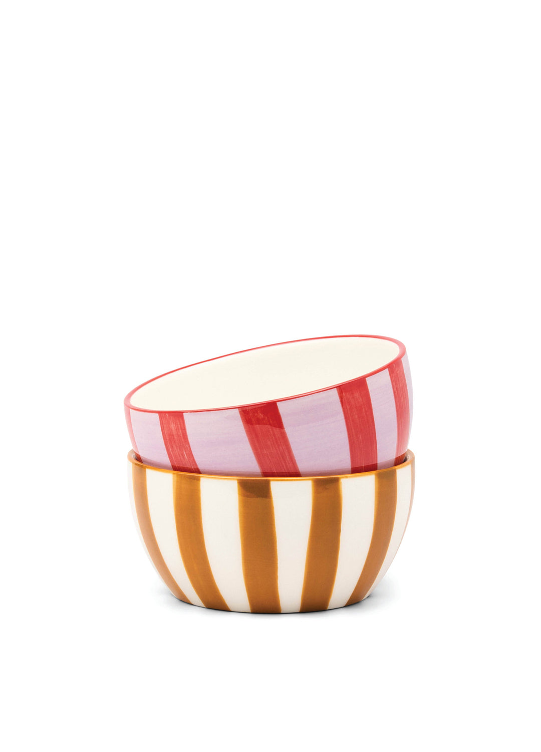Two striped ceramic bowls, one red and white, one orange and white, on a white background.
