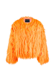 Orange fluffy jacket with the Good Fluff brand tag on a white background