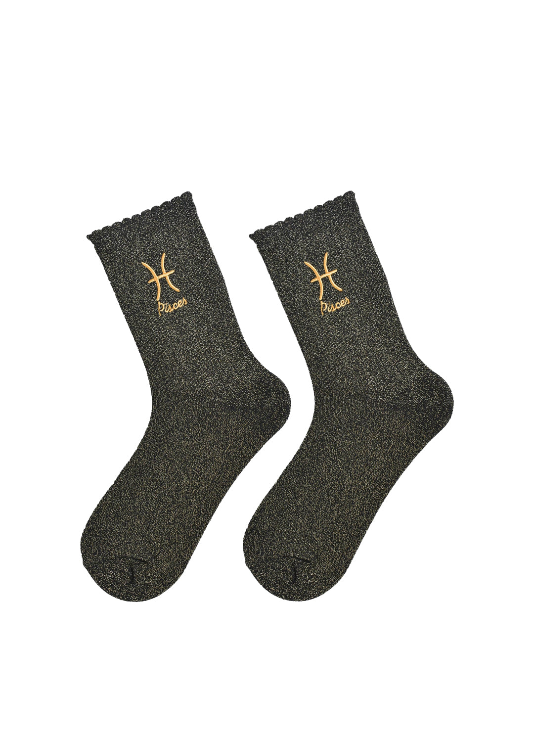 Pair of black socks with gold PISCES zodiac symbol and text on a white background