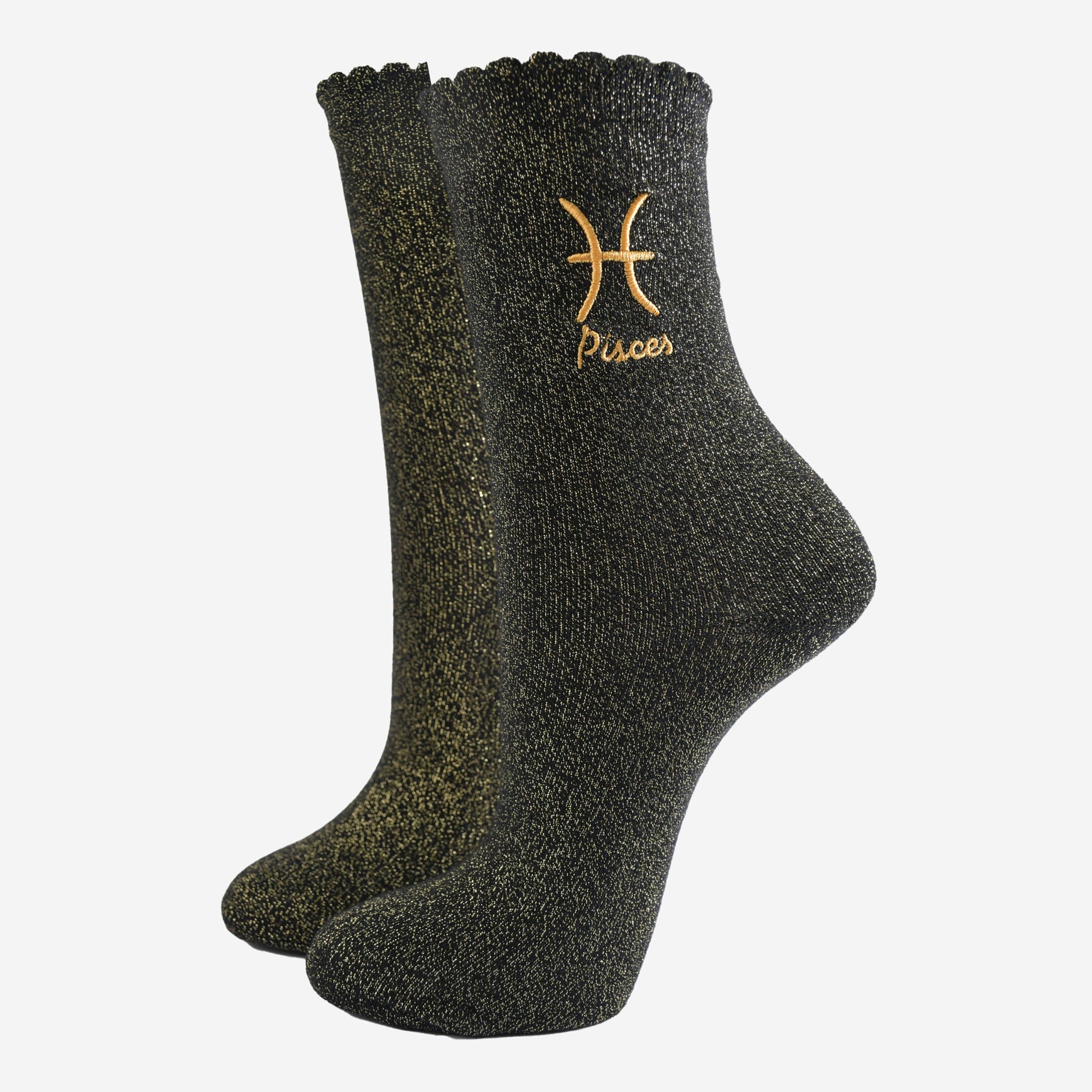 Black socks with Pisces zodiac symbol on a white background