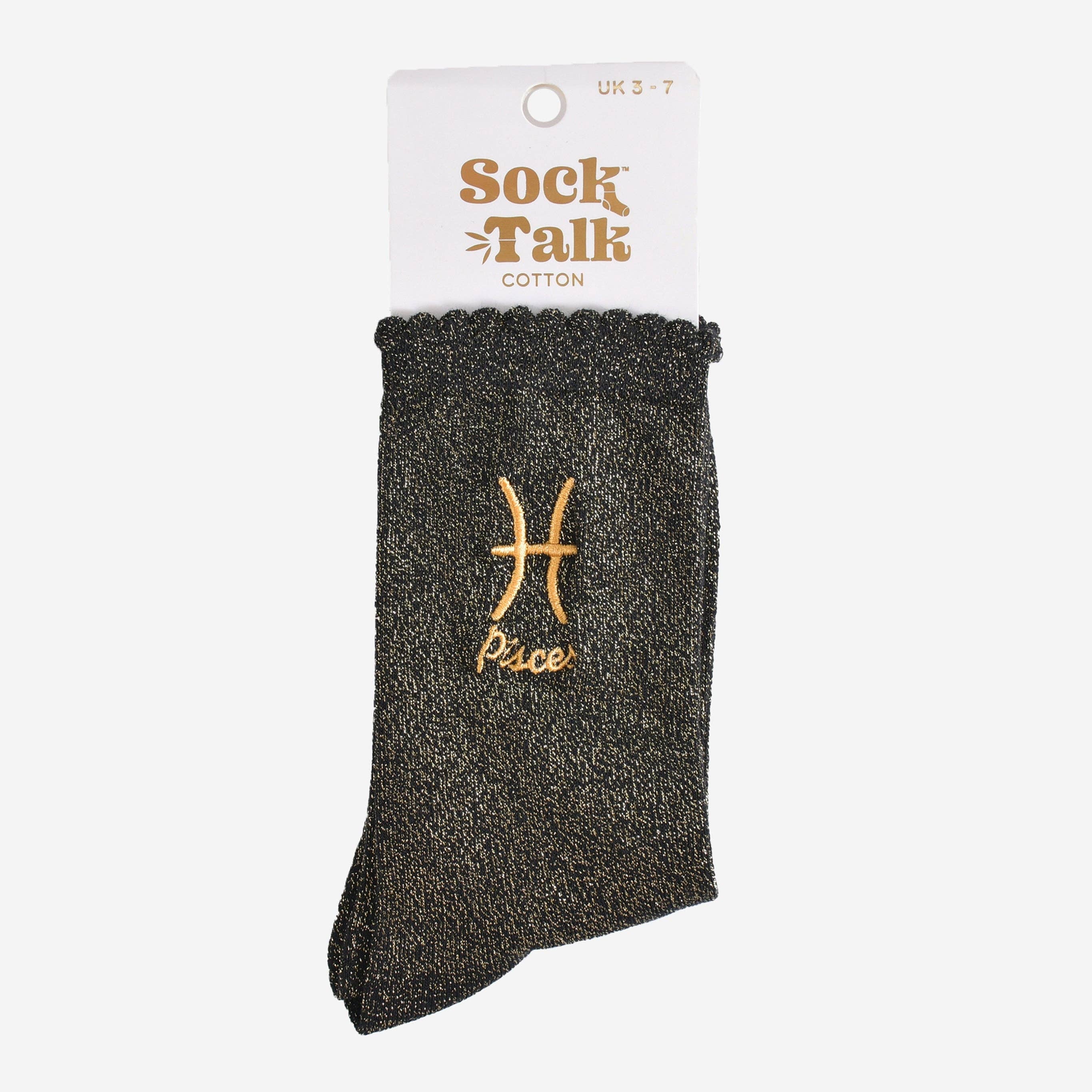 Black sock with gold Pisces symbol on a white background, featuring 'Sock Talk' branding.