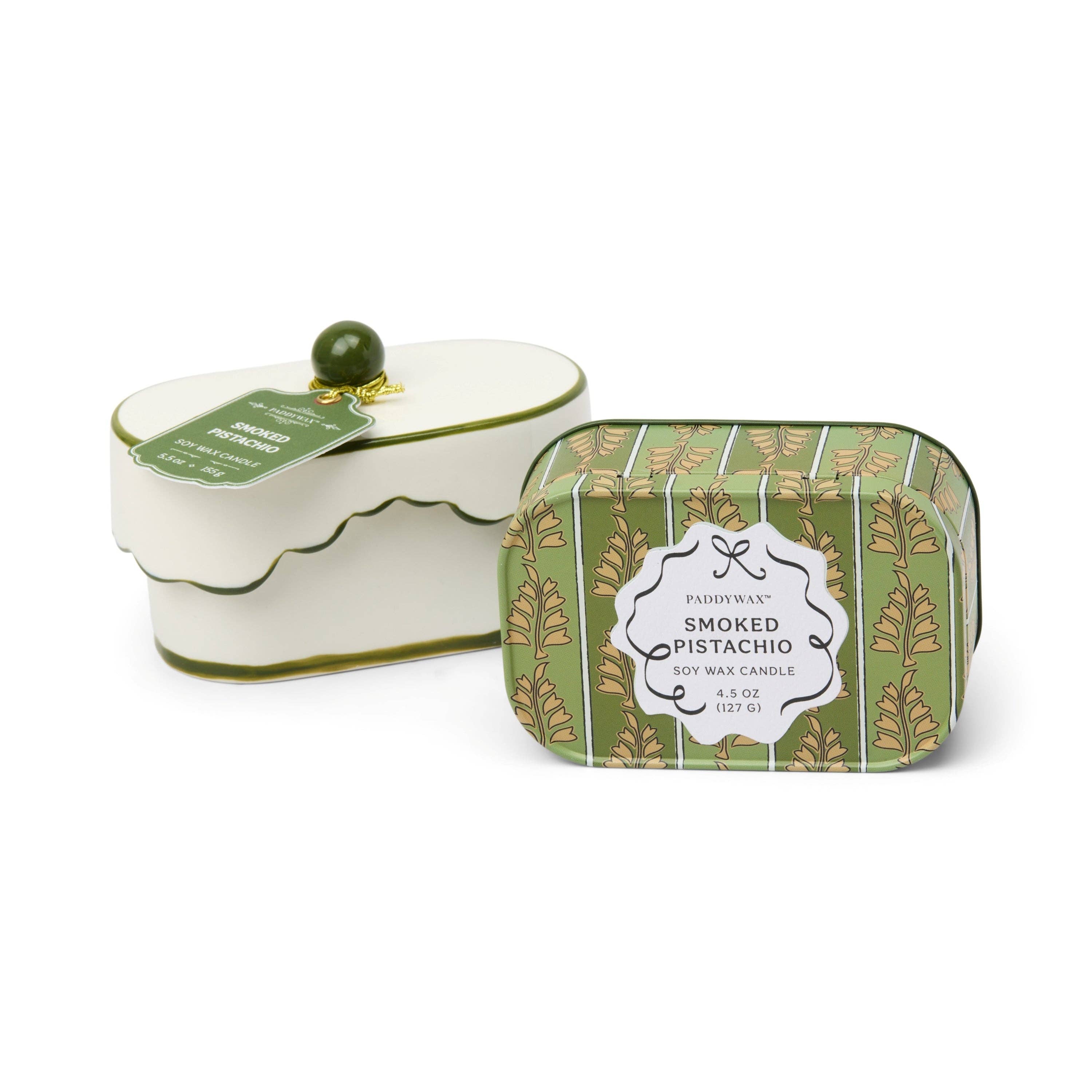 Smoked Pistachio candle in a decorative tin with a matching box on a white background