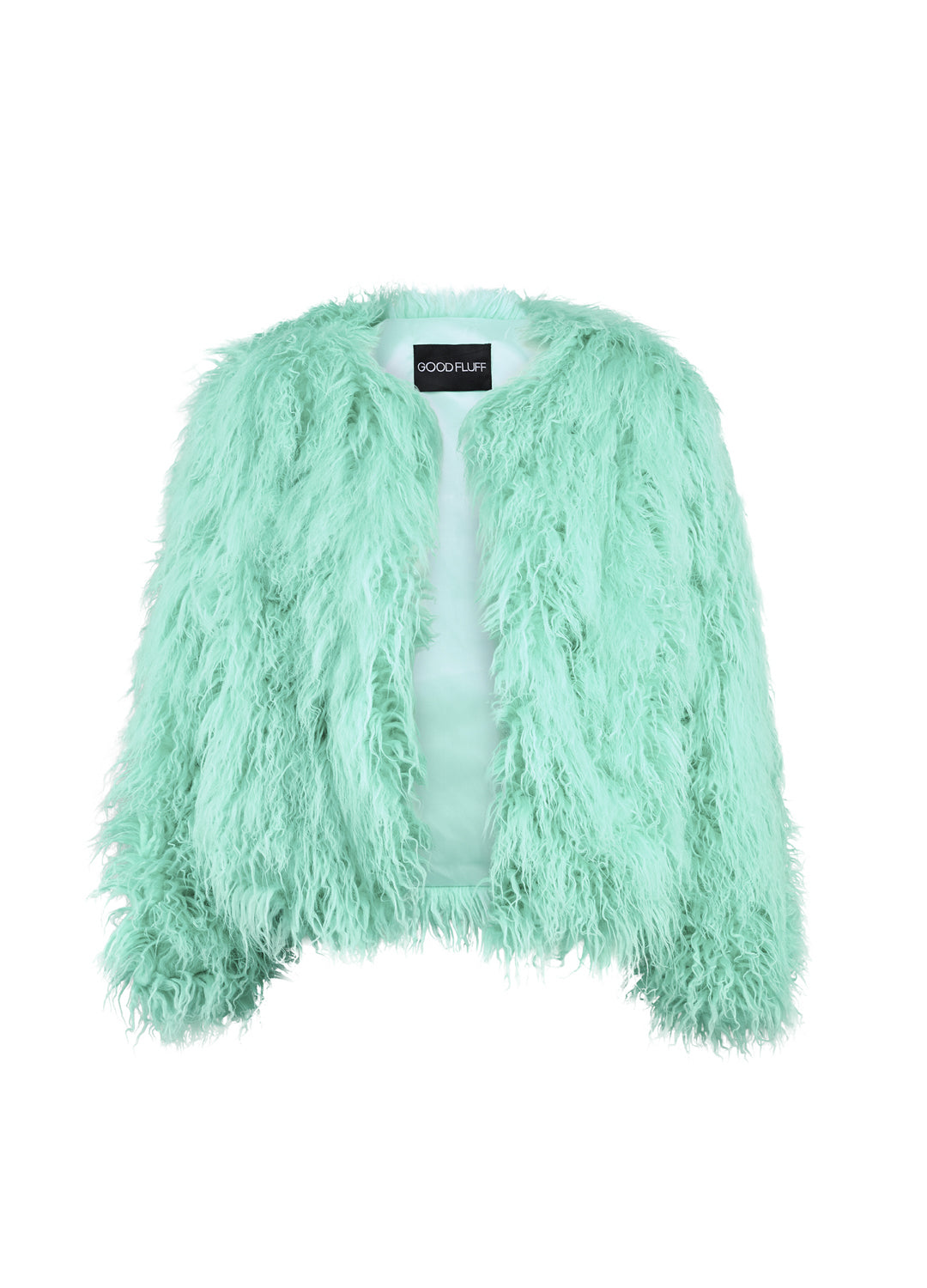 Mint pastel green feathered jacket on a white background